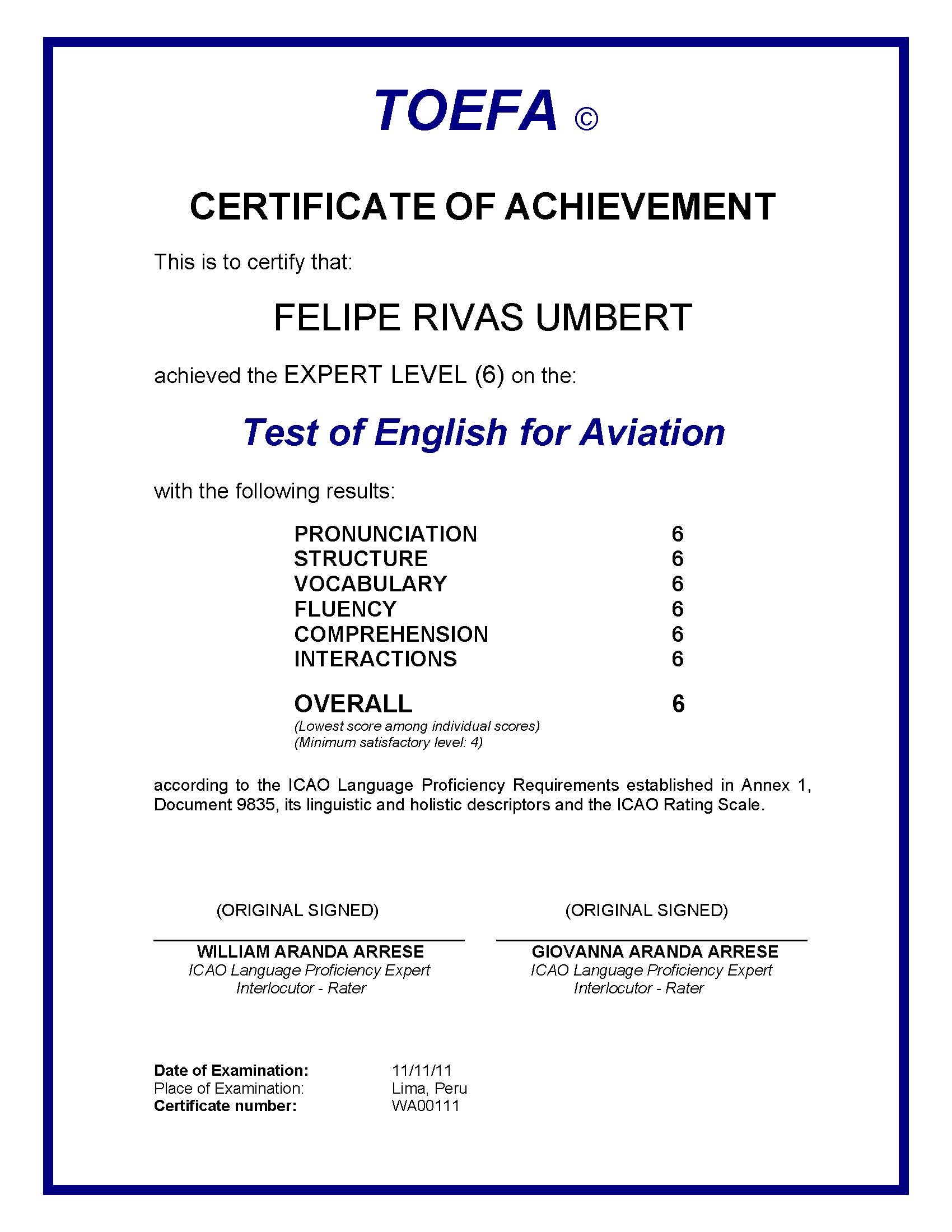 TOEFA Certificate